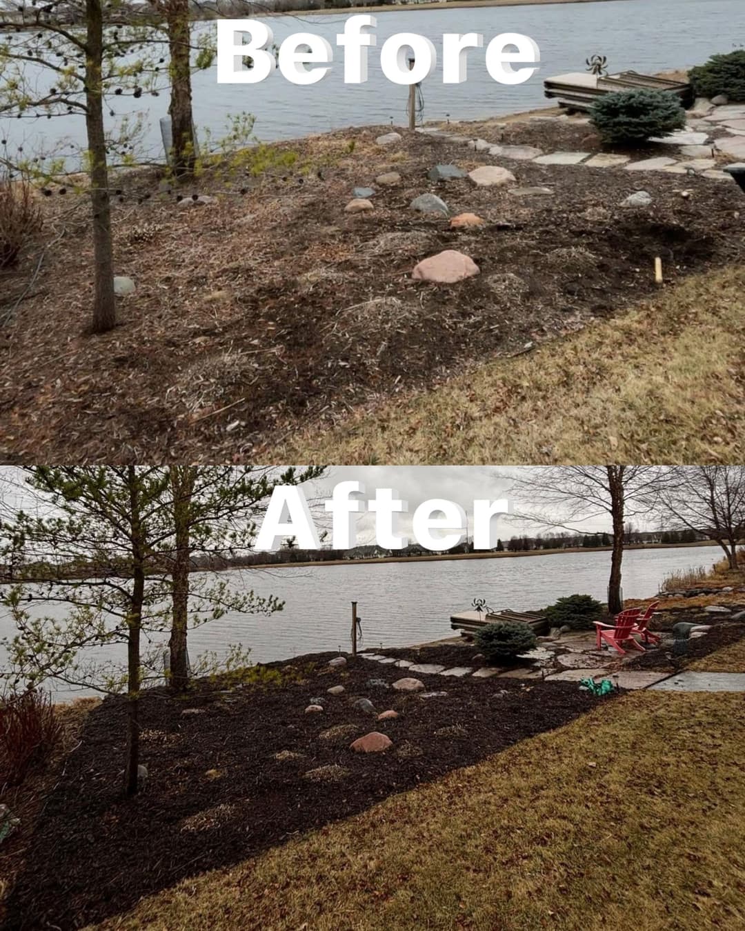 Before and after landscape transformation by a lakeside, showcasing improved design and aesthetics.