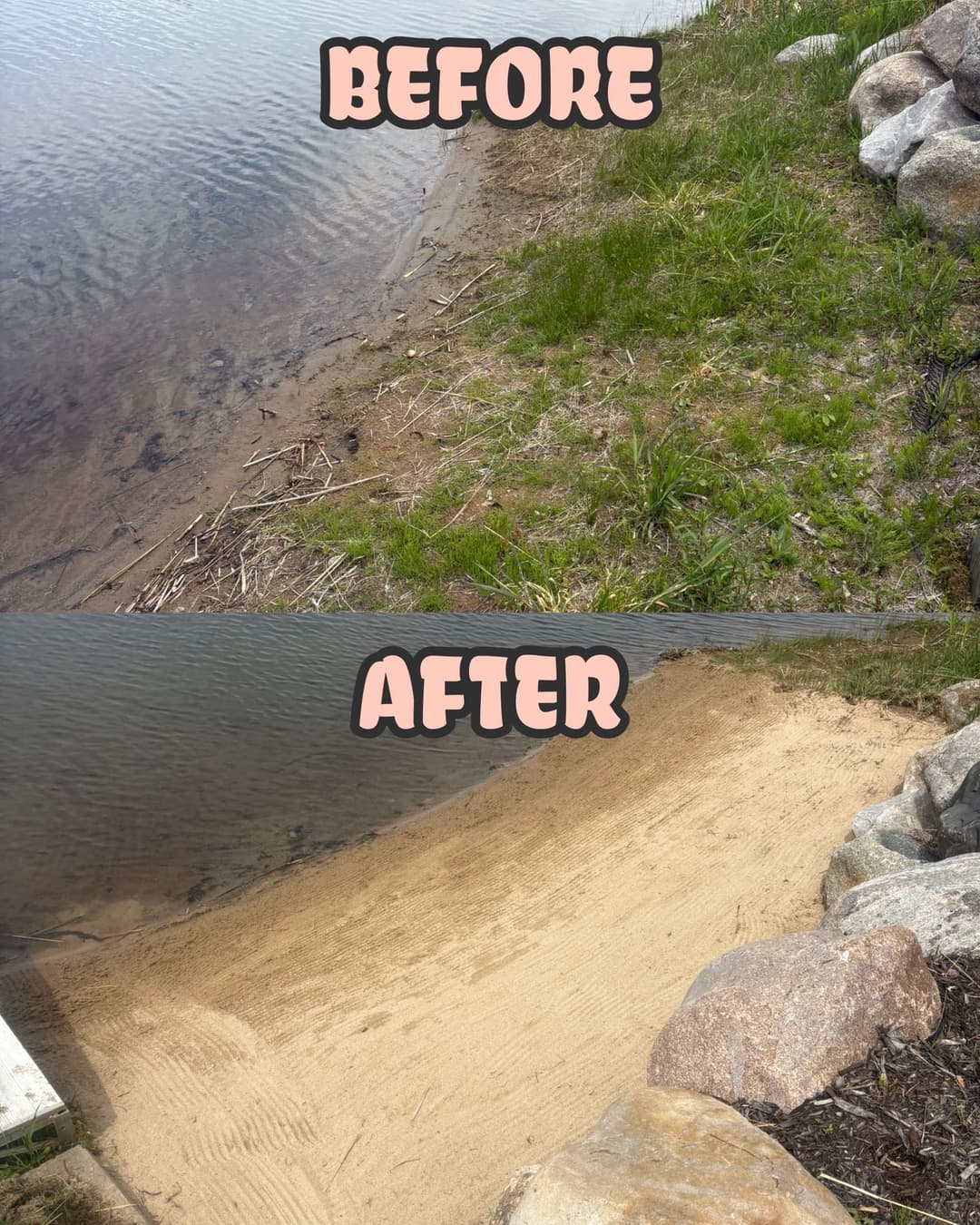 Before and after image showing lake shore restoration, highlighting improved sandy area.