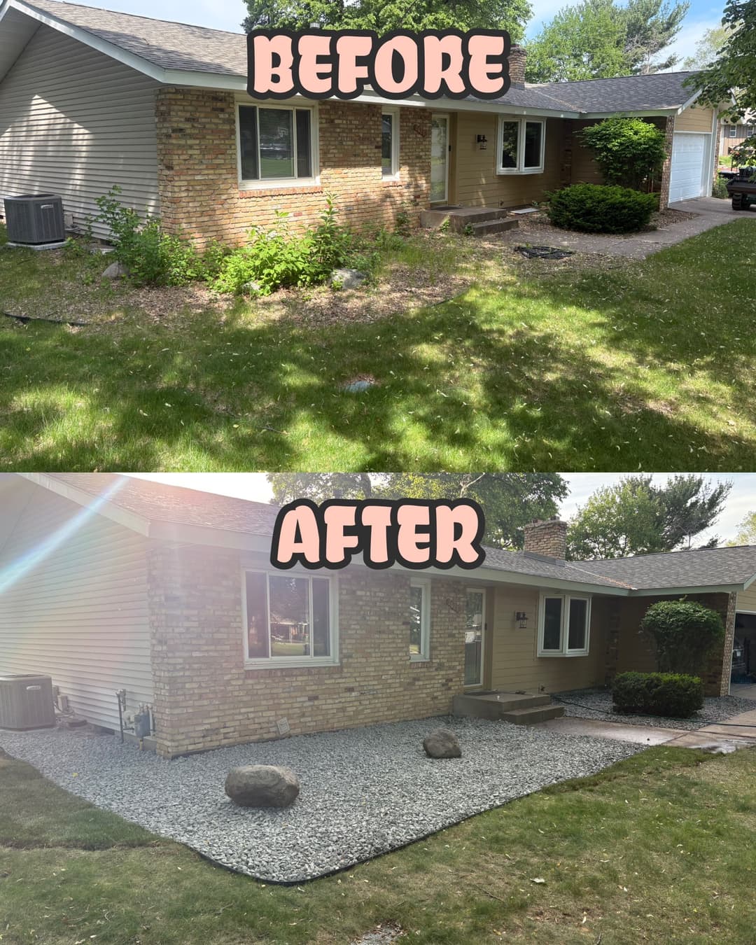 Home landscaping transformation: before with overgrown plants and after featuring gravel and stones.