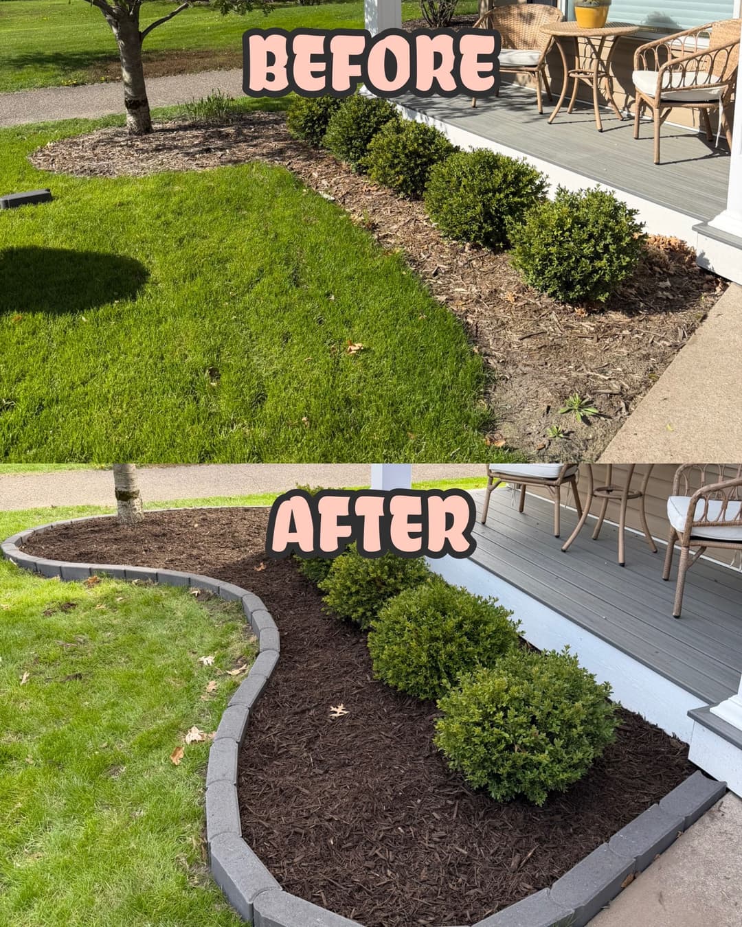 Landscape makeover: before and after photos showing fresh mulch and trimmed shrubs.