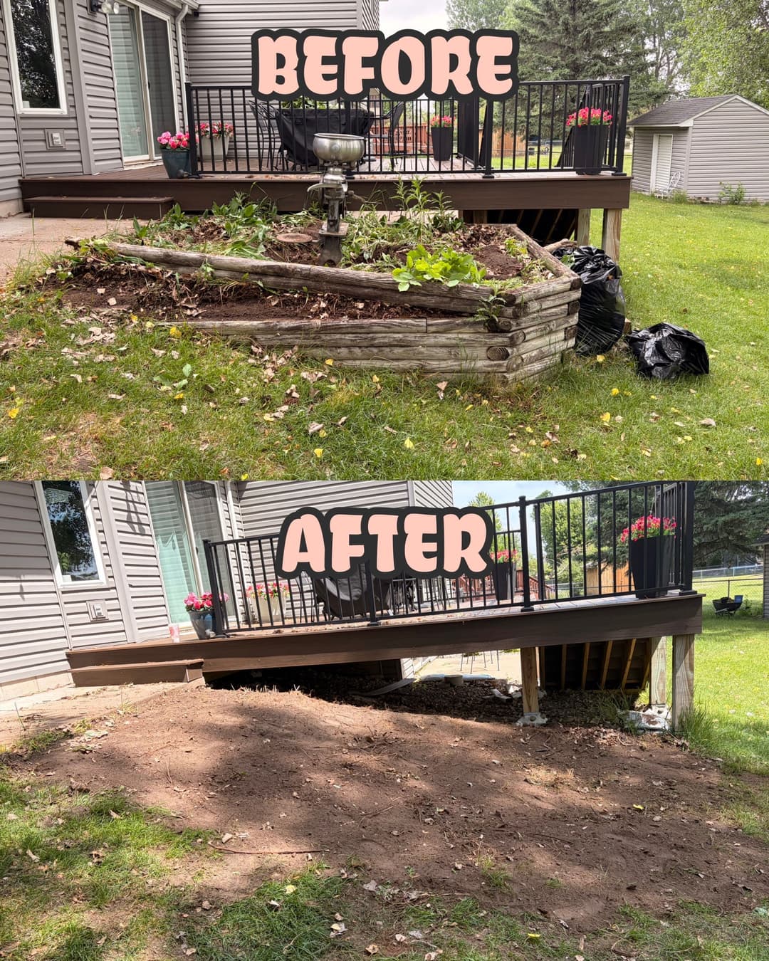 Before and after image of a garden renovation showing cleared landscape and updated deck area.