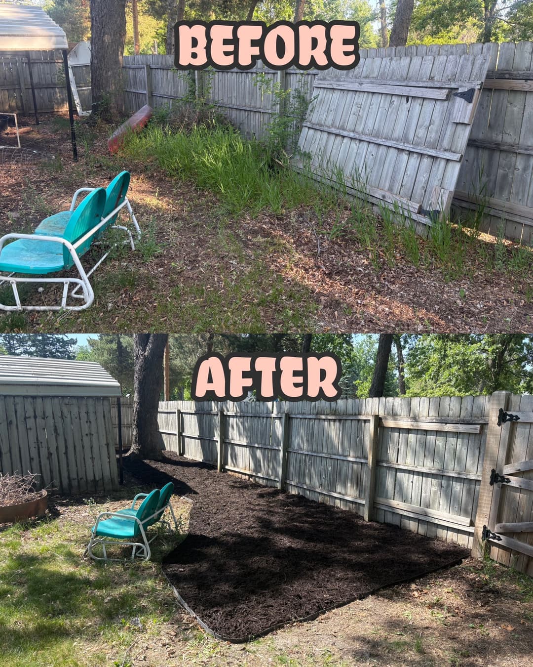 Before and after landscaping transformation: overgrown yard to neat mulched area with chairs.