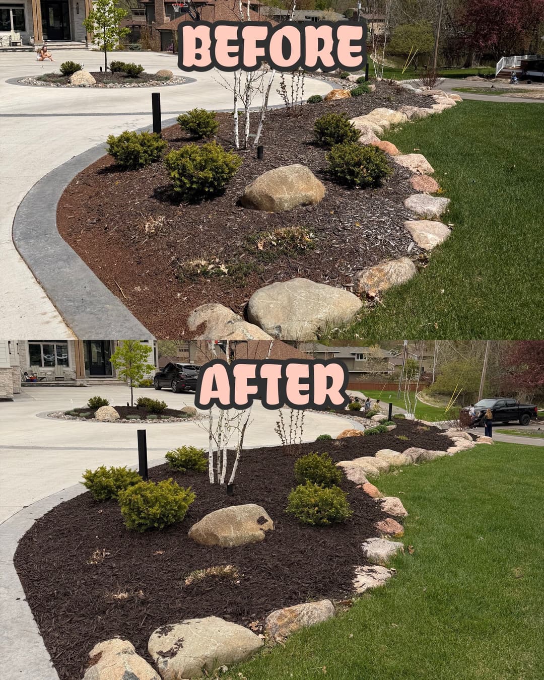 Before and after comparison of a landscaped garden, showcasing transformed flower beds and mulch.