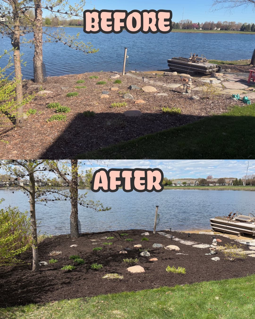 Garden makeover transformation by the lake, showcasing improved landscaping and design.