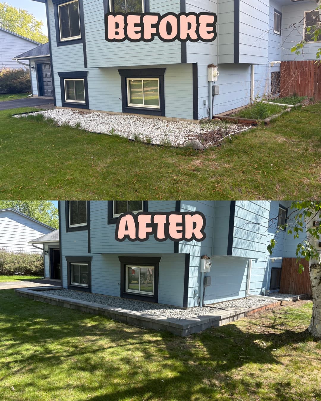 Before and after home landscaping transformation with updated stone and grass area.