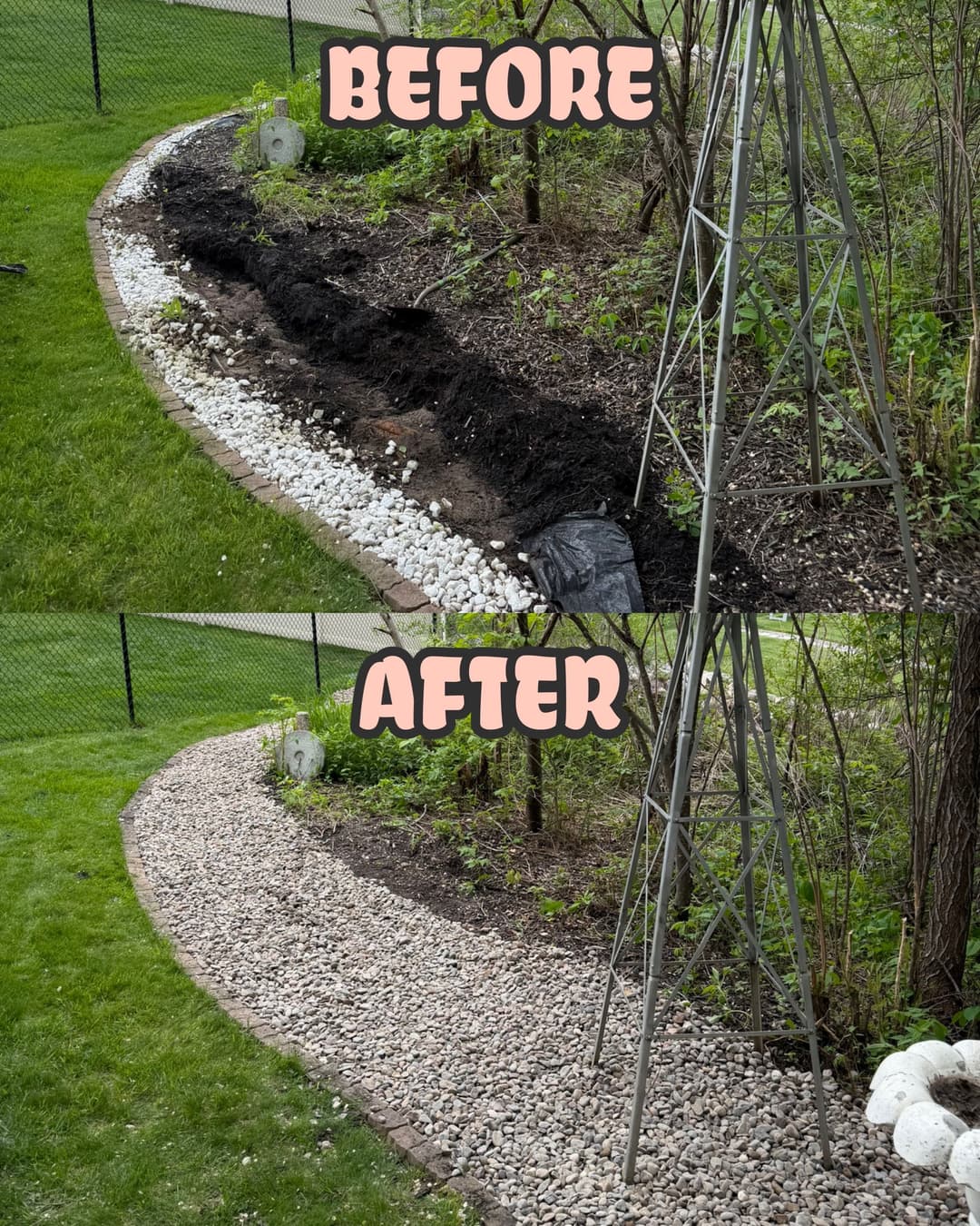 Before and after garden transformation: gravel path installation enhances landscape appeal.