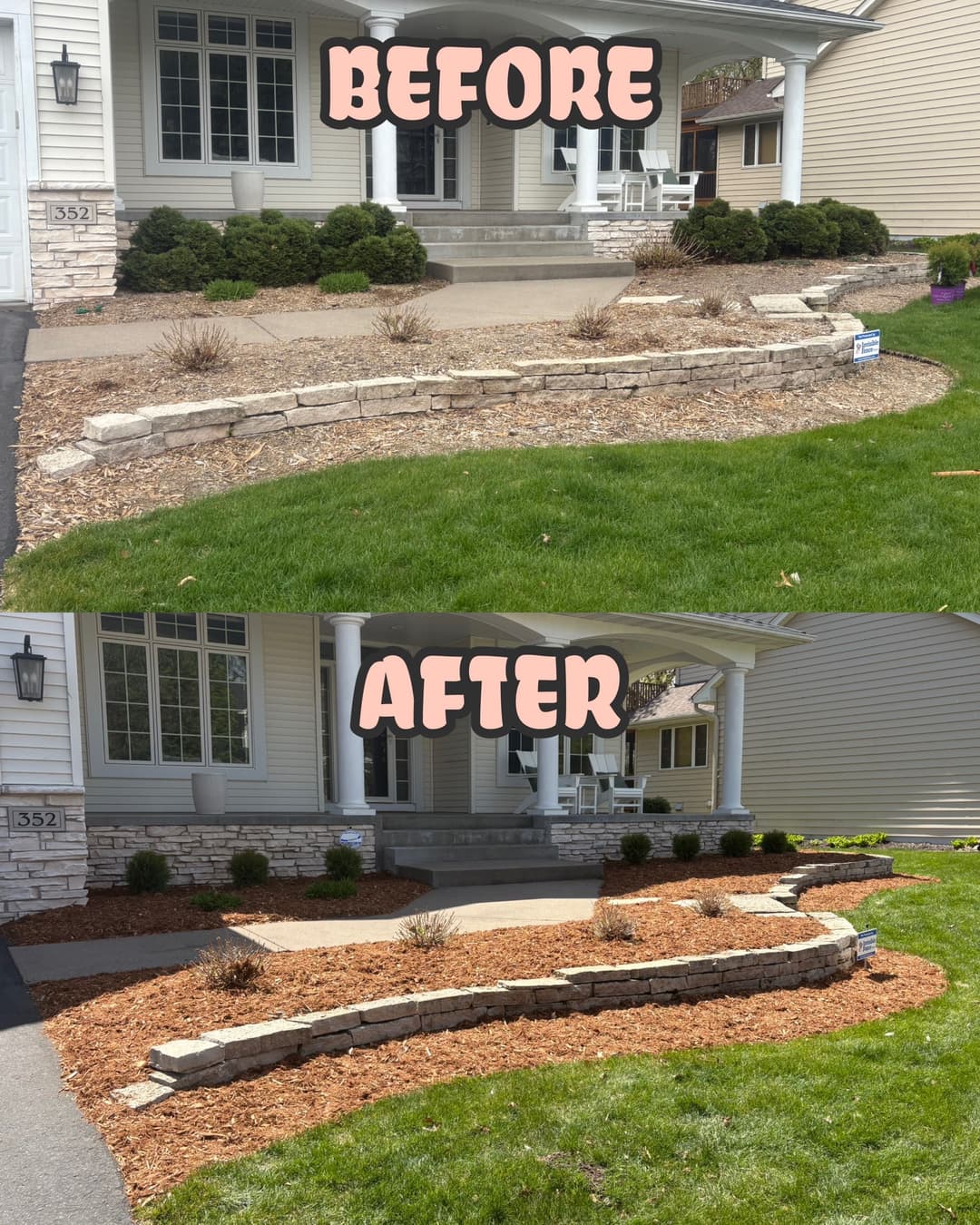 Before and after home landscaping transformation with stone border and fresh mulch.