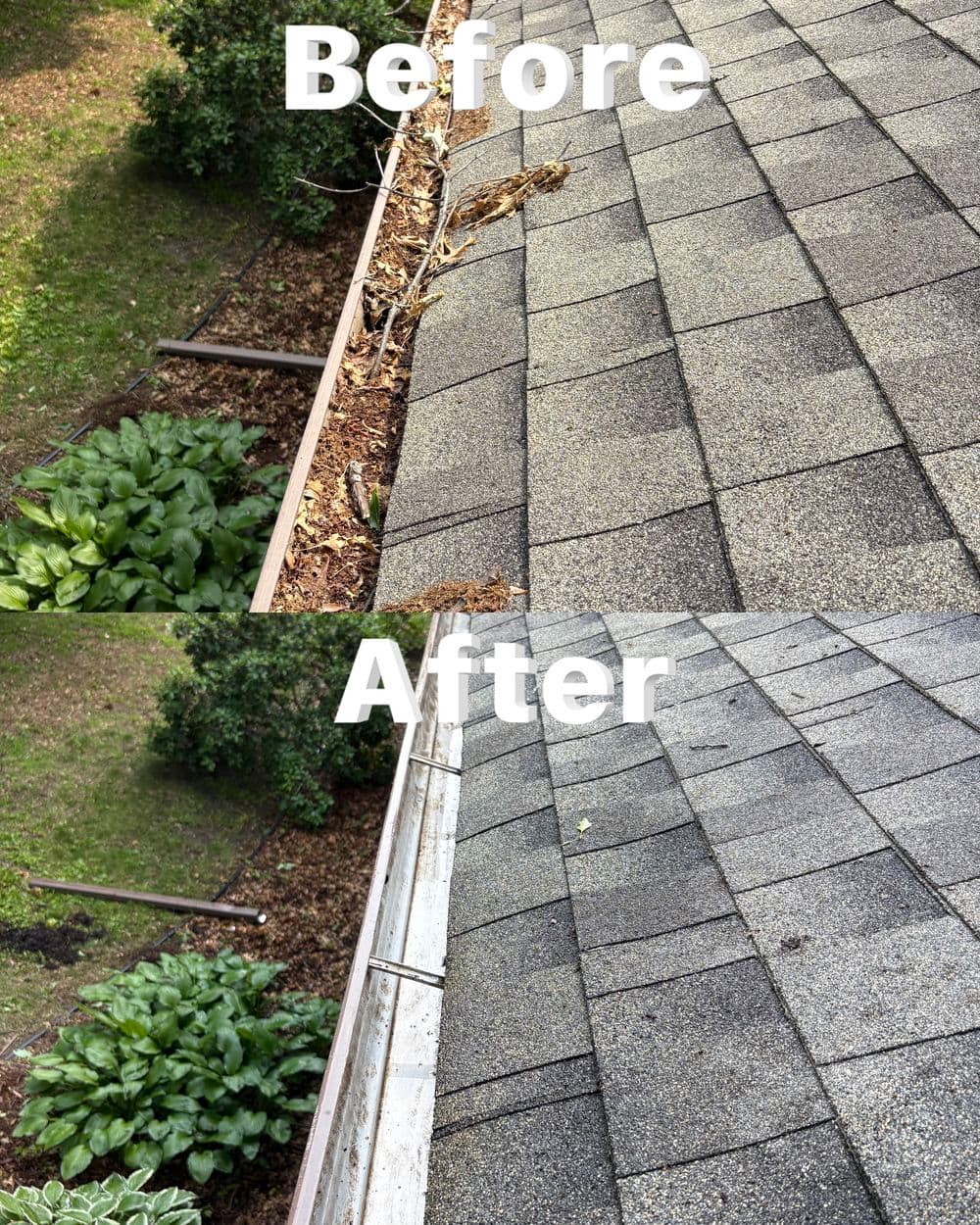 Roof cleaning before and after comparison showing clear shingles and removed debris.
